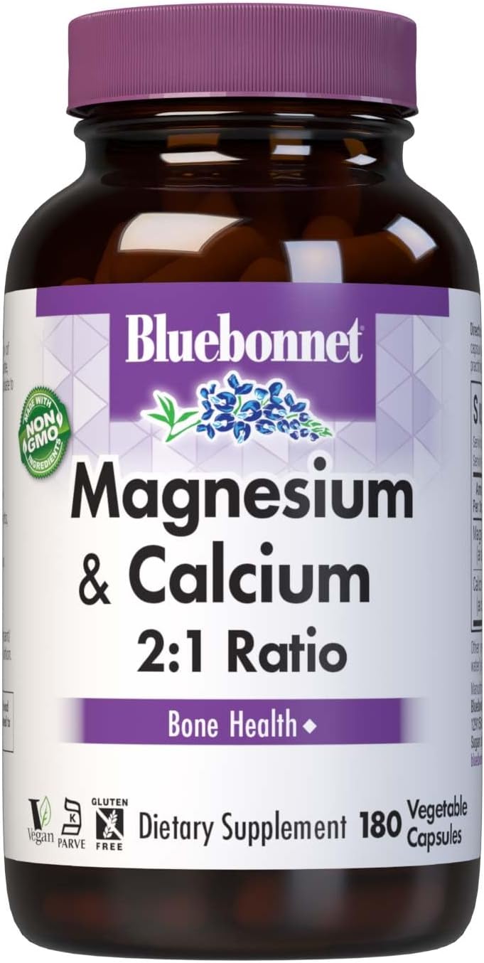 Bluebonnet Nutrition Magnesium & Calcium 2:1 Ratio, Bone Health*, Non-GMO, Vegan, Kosher Certified, Gluten-Free, Soy-Free, Dairy-Free, 180 Vegetable Capsules, 60 Servings