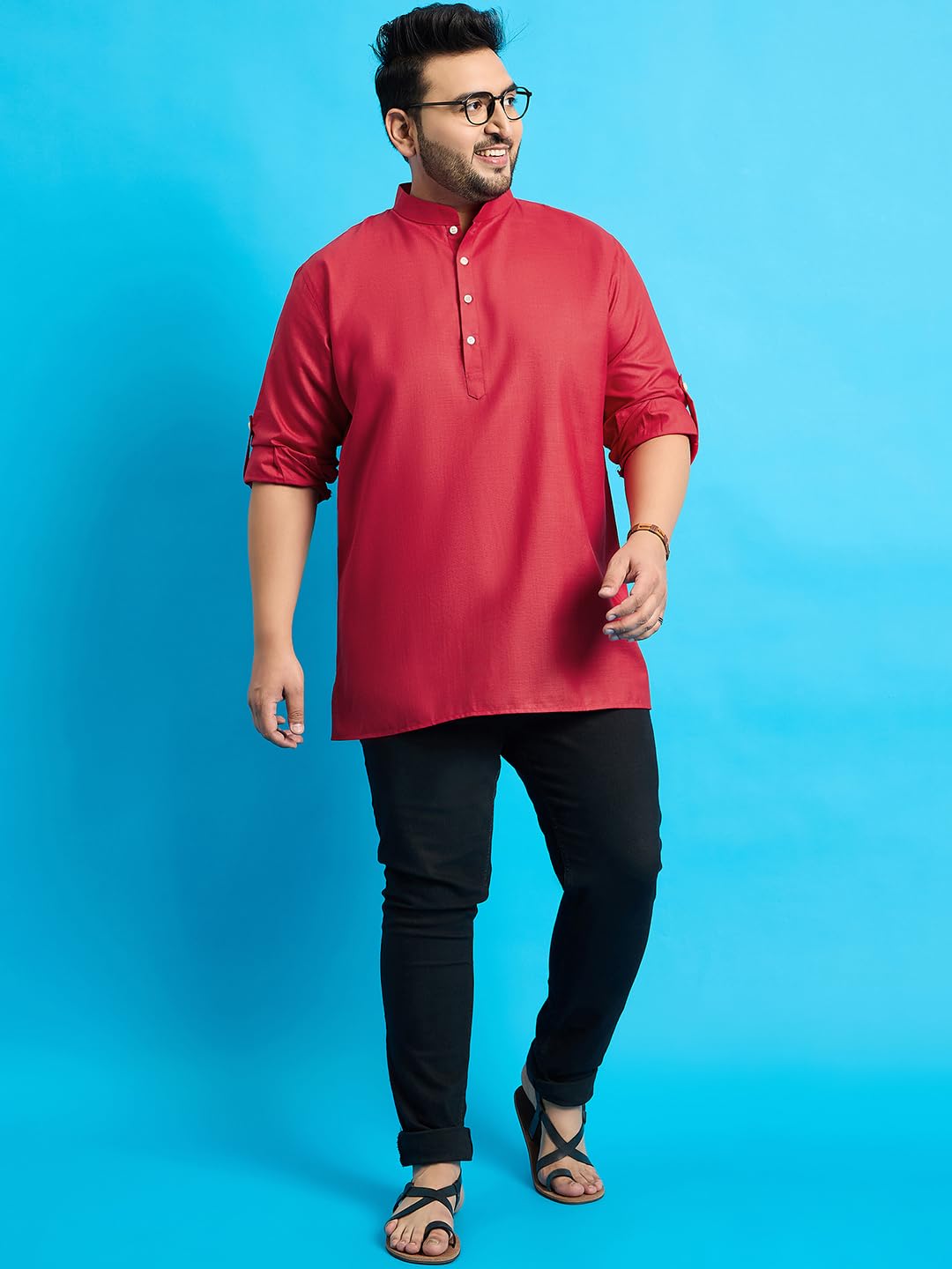 Bigbanana Plus Size Men's Regular Fit Solid Short Kurta (Pollan-Red,Red,7Xl)