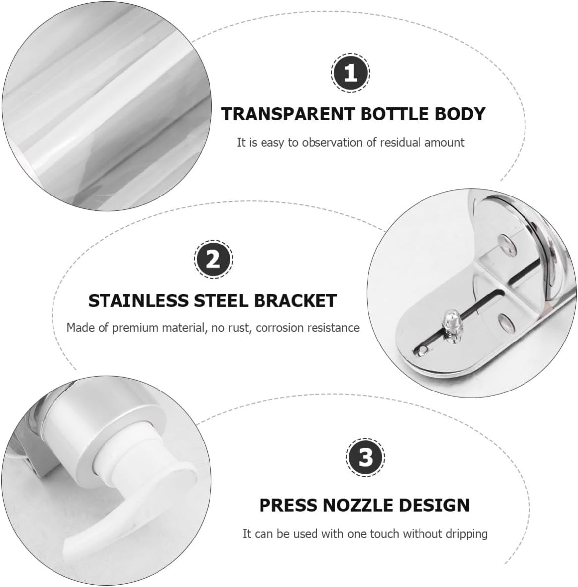 Mobestech Silver Stainless Steel Wall-Mounted Soap Dispenser for Bathroom and Wet Environments, Suitable for Foaming Goods, Includes Screws, 1pcs Wall Lotion Pump Holder