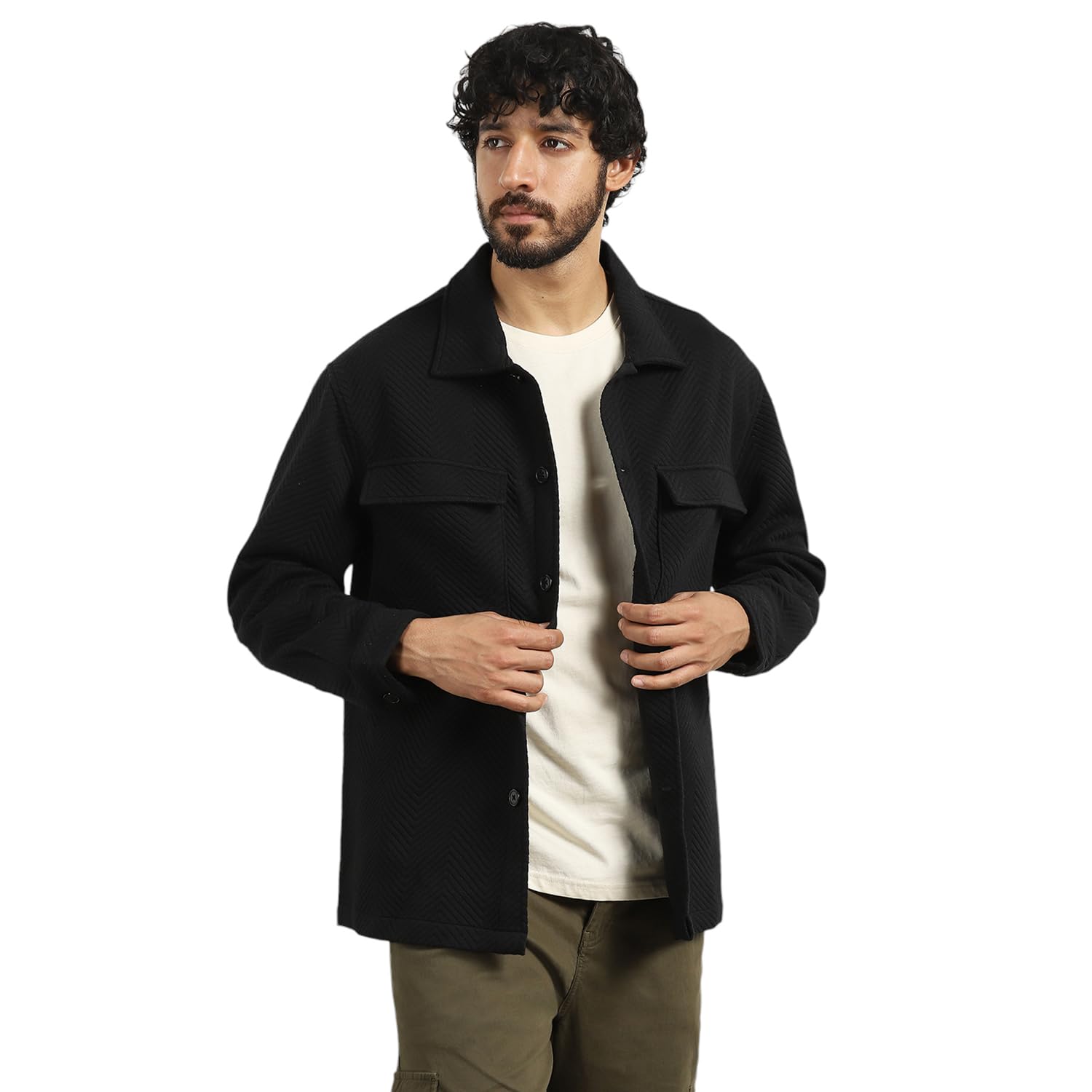 Men's Standard Length Oversized Textured Shacket | Quilted | Cotton | Cuffed Sleeves | Winter Jackets | Shackets For Men-image-7