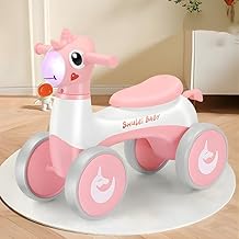 Kids Shulei Kids Balance Bike for 1-3 Years Old | Music and Colourful LED Light | 4-Wheel Smooth Ride Manual Push Bike for Boys & Girls. (Pink)