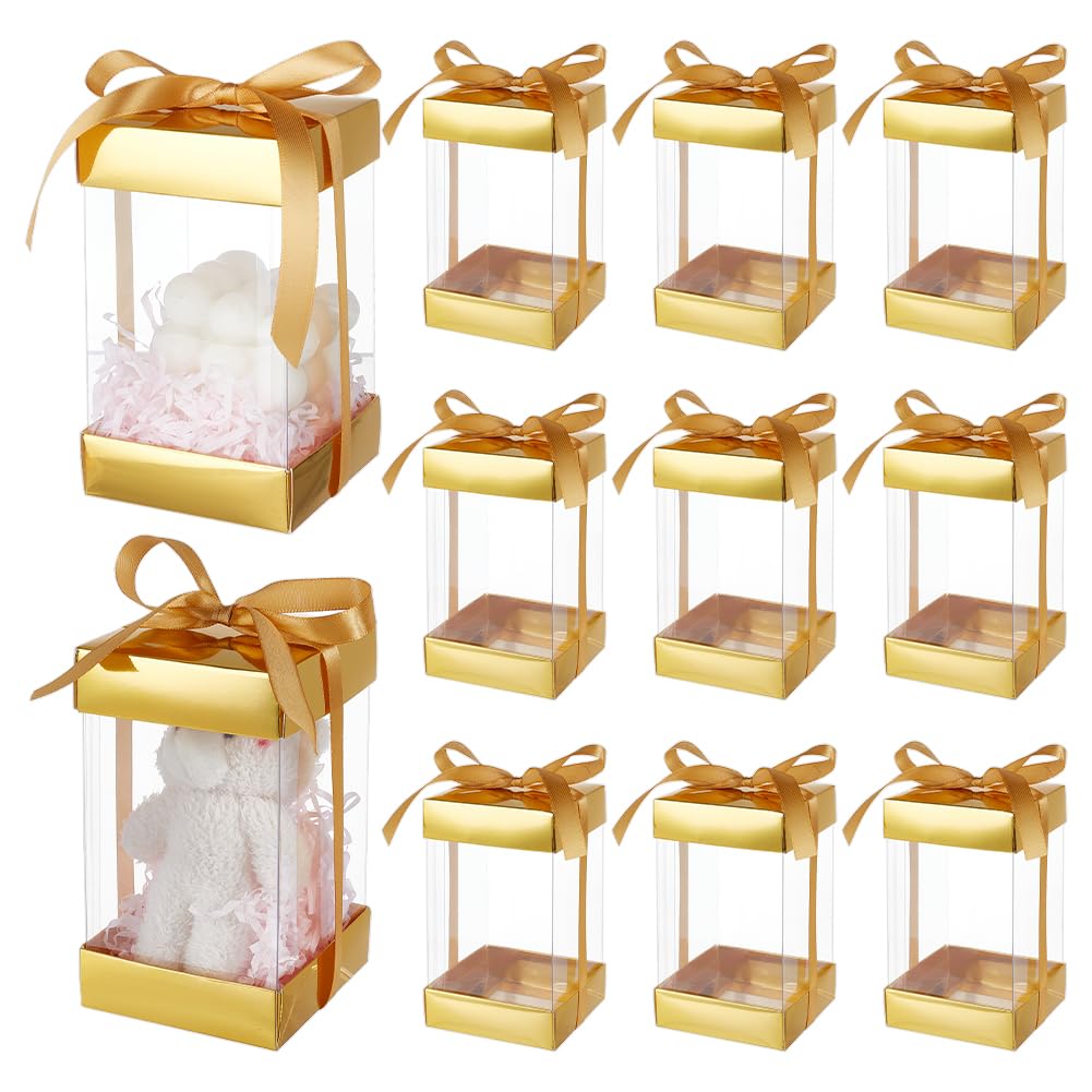 BENECREAT 10Pcs Clear Plastic Gift Box with Gold Paper Lid, Rectangle Gift Packaging Boxes with Polyester Ribbon for Birthdays, Weddings and Christmas, 8.3x8.3x14.5cm/ 3.2x3.2x5.7inch
