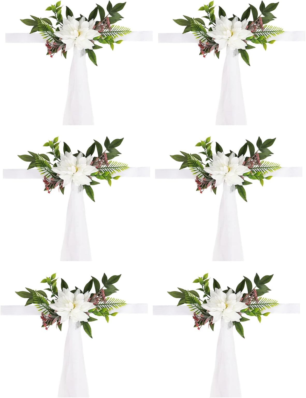 BEIJIALY Wedding Aisle Decorations Pew Flowers Set of 6, Church Chair Bench Pew Bows Artificial Penoy Chair Decor with Eucalyptus and Ribbons for Wedding Ceremony Church, White