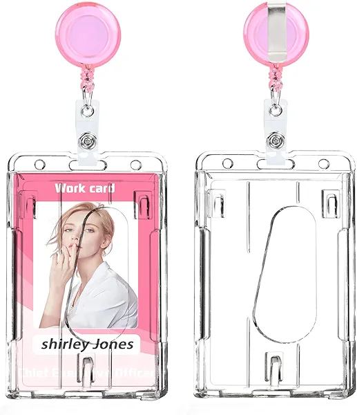 Clear ID Card Holder with Retractable Translucent Reel Clip, Transparent Thumb Slot PC Hard Plastic Work Card Protector for Nurse Office School Hospitl Credit Card Proximity Key (Pink, Vertical)