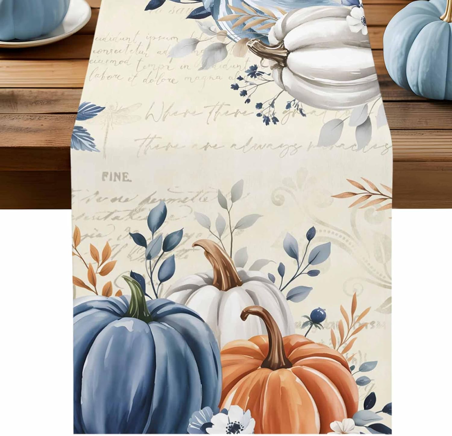 Fall Table Runner 13x120 Inches Long Blue Pumpkin Table Runners Floral Leaves Cotton Linen Autumn Harvest Dresser Scarf Kitchen Dining Table Decor for Thanksgiving Holiday Party Coffee Indoor Outdoor
