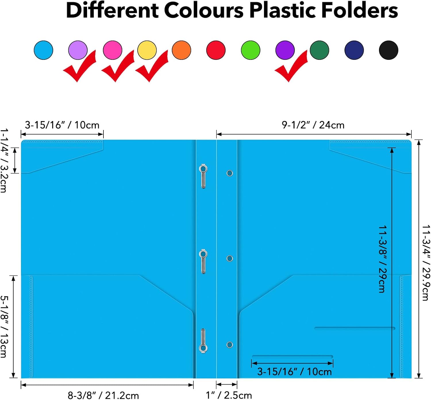 24-Pack Colorful Heavy Duty Plastic Pocket Folders with Prongs, 4-Color Set (Deep Purple, Yellow, Pink, Light Purple) for Letter Size Paper, 2-Pocket Brad Folders with Clear Front Cover
