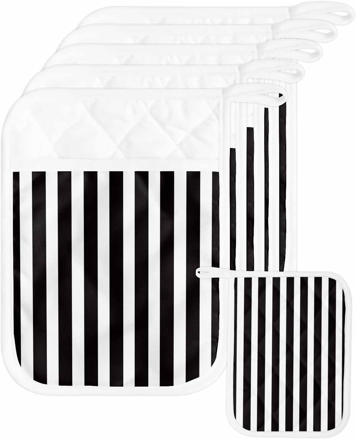 5 Pack Pot Holder with Pocket,Black and White Stripes Kitchen Potholders Heat Proof Non Slip Pot Holders Sets,Modern Geometric Art Hot Pads Potholder for Cooking Baking BBQ