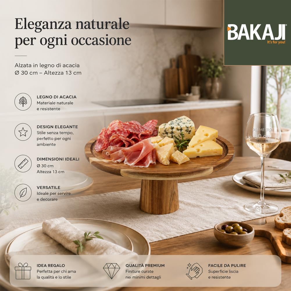 BAKAJI Alzatina per Dolci in Legno di Acacia Design Minimal, Vassoio da Portata Versatile Ideale sia per Torte che Aperitivi, Accessorio da Tavola per Bar, Casa, Ristorante, 30 x 13 cm