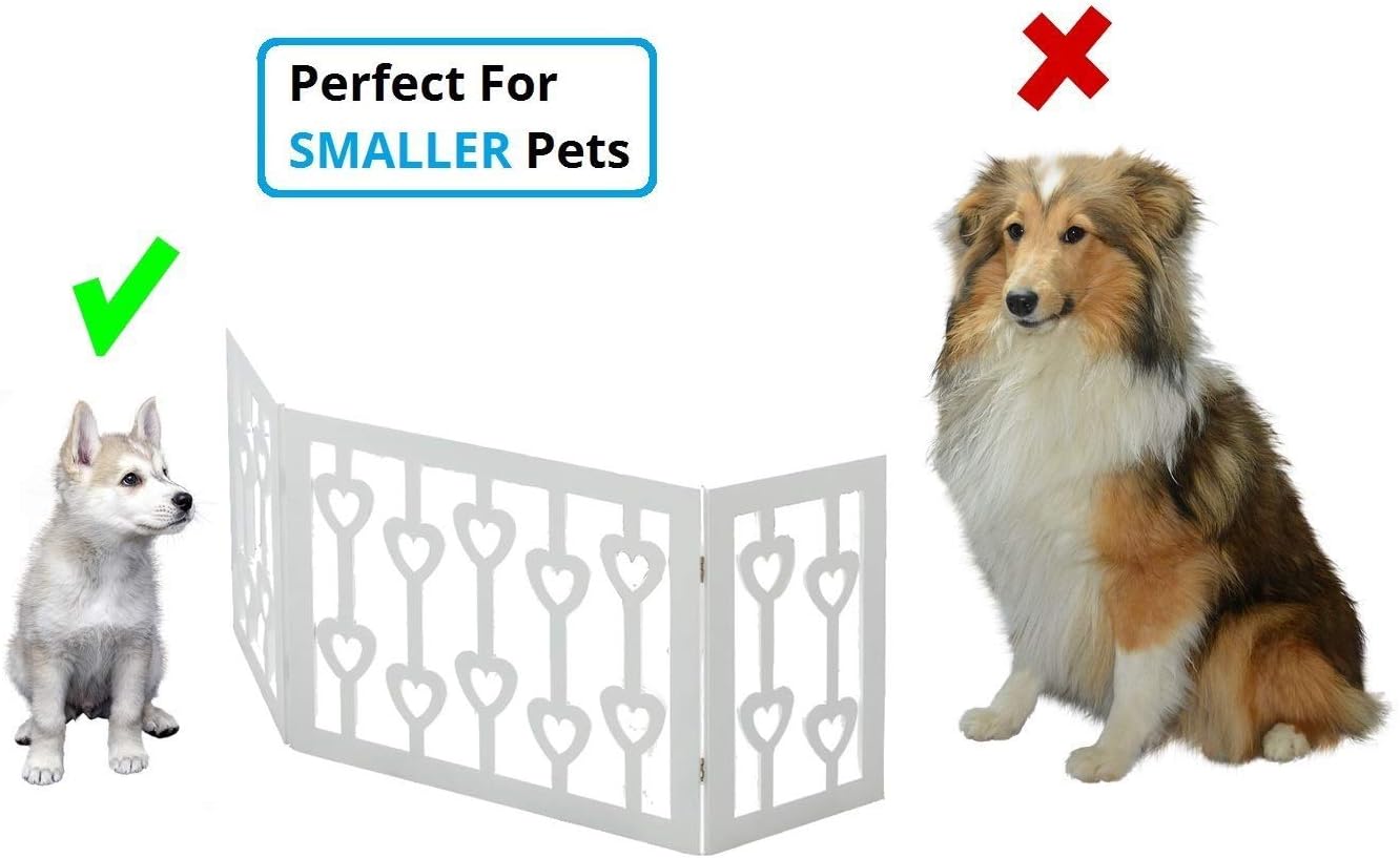 3 Panel White Wooden Hearts Design Pet Gate - Freestanding Tri Fold Durable Wooden Dog Fence - Indoor/Outdoor Barrier for Stairs & Doorways