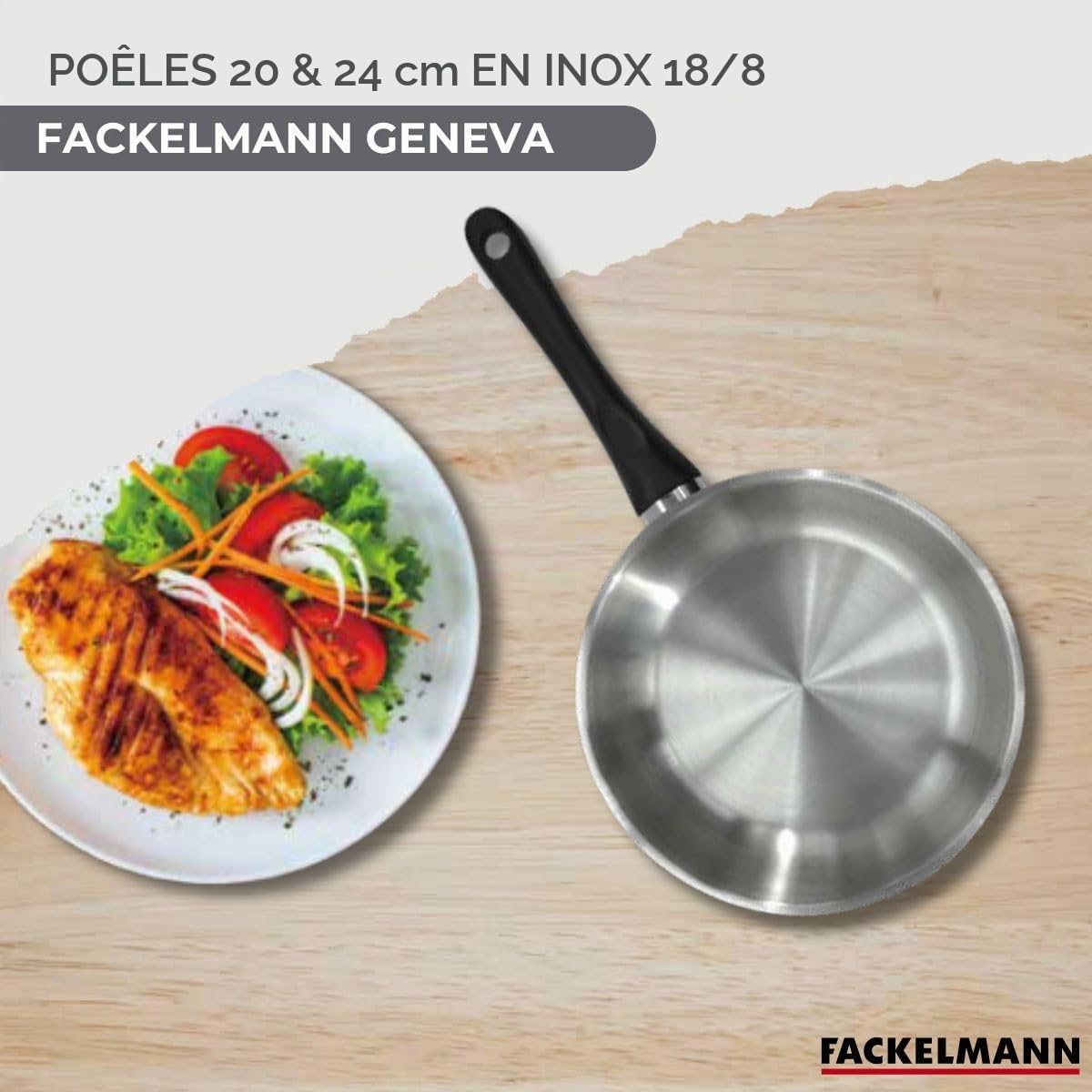 Fackelmann Set 2 poêles inox 20 et 24 cm avec 6 ustensiles inox induction | Cuisson sans revêtement, Set 2 poêles 20 et 24 cm, Inox 18/8, Tous feux dont induction, Four et lave vaisselle, Sans PFAS