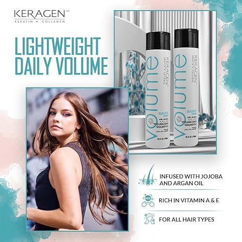 Miniatura 3 de KERAGEN - Champú voluminizador para cabello fino con queratina, colágeno y aceites orgánicos, sin sulfato, 10 onzas