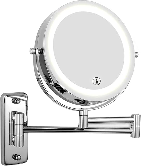 Feelglad LED Lighted Makeup Mirror with 10X Magnification, Adjustable LED Light Touch Screen 7-Inch Wall Mount Two Sided 360°Swivel and Extendable, Powered by Batteries