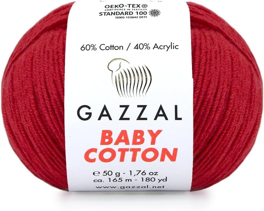 3 Pack (Skein) Gazzal Baby Cotton, 60% Cotton 40% Acrylic, Each Ball 1.76 Oz (50g) / 180 Yards (165m), DK- Worsted, Knitting Yarn, Amigurumi Yarn, Baby Yarn, 3439