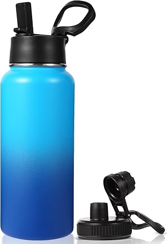Miniatura 21 de Neihepal - Botellas de agua aisladas de 32 onzas a granel con 2 tapas (pajita y boquilla), botella de agua de acero inoxidable de doble pared, Azul