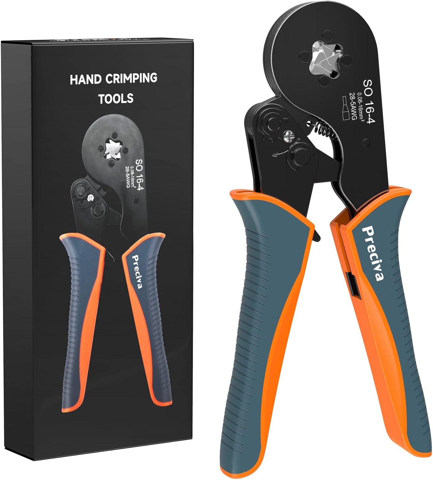 Preciva Orange AWG 28-5 Wire Crimping Tool, Self-Adjustable Ratchet, Square Jaw, Includes Plastic Collar