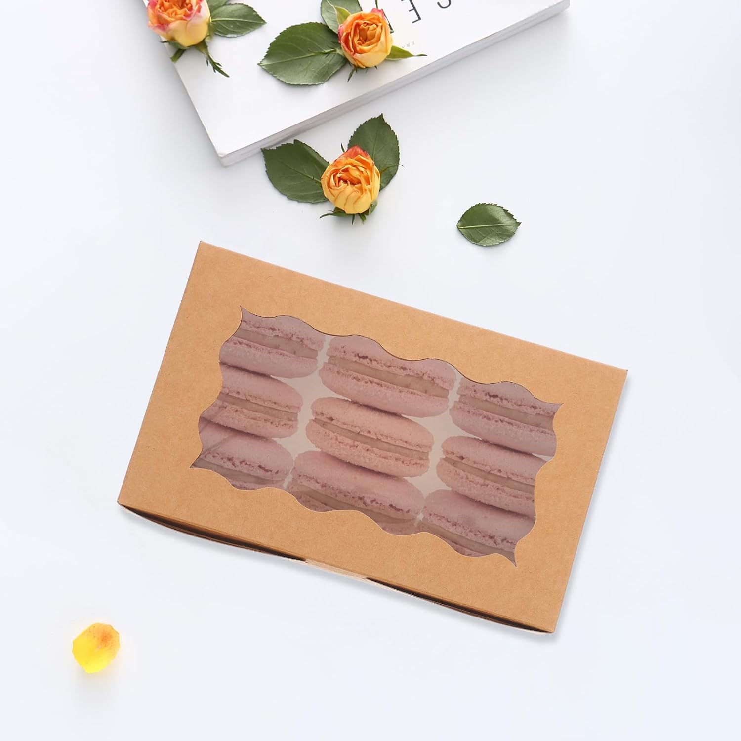 50pcs Kraft Paper Cake Dessert Boxes with Window, Rectangular Food Storage Containers for Cookies and Macarons, Portable Bakery Supplies Packaging Boxes for Home and Takeout