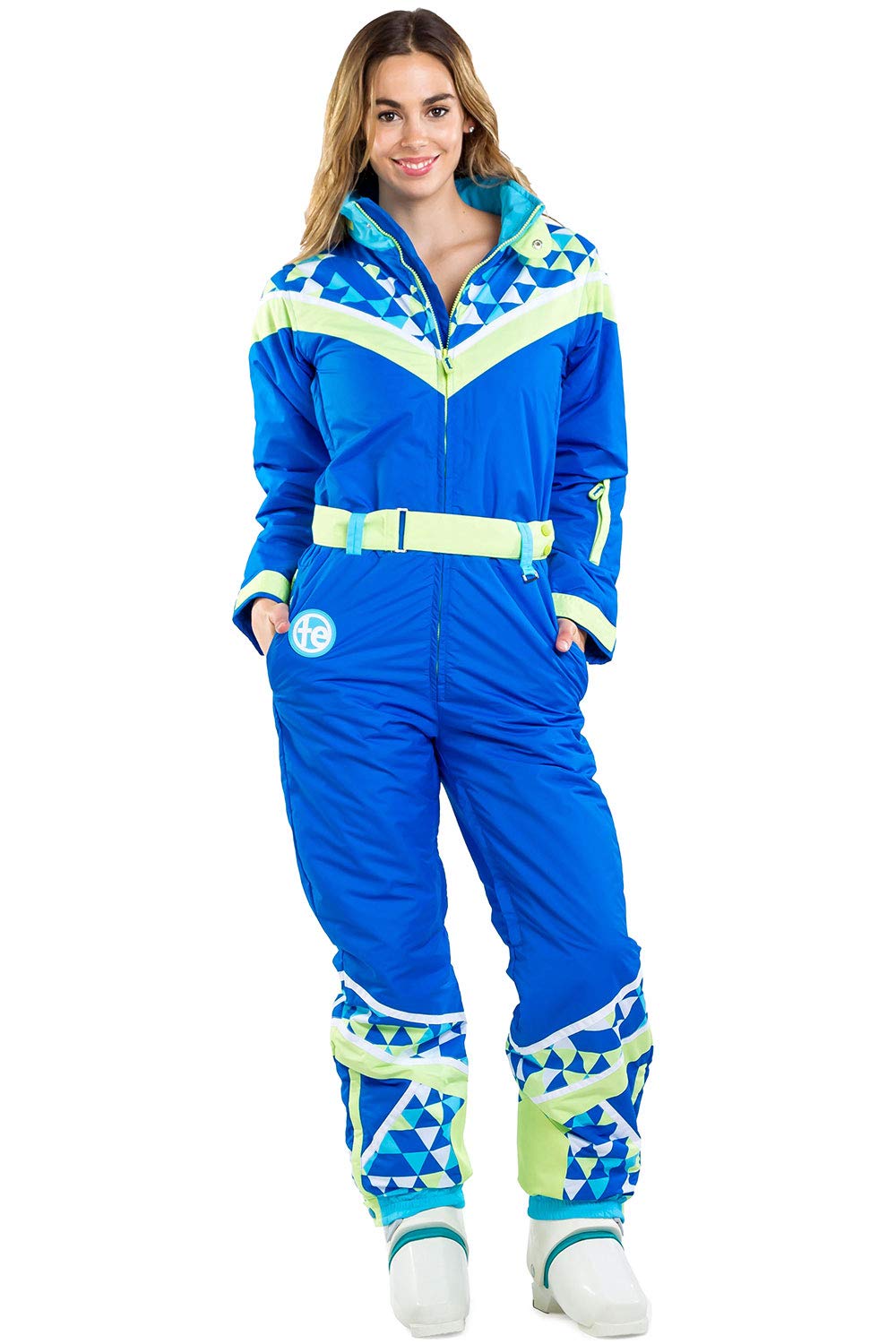 Women's Neon Ski Suit with Triangles - Vintage Inspired Snowsuit Onesie
