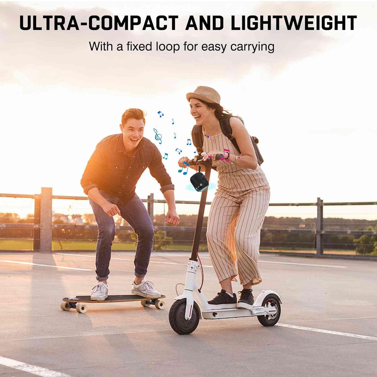 Person carrying UrbanX M190 speaker while riding a scooter