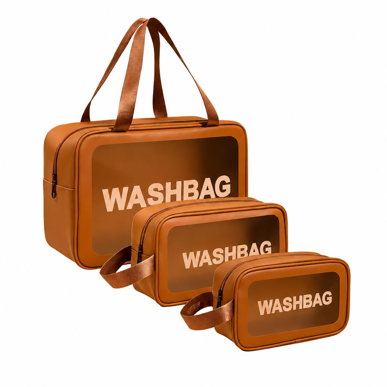 Washbag Toiletry Kit Organizer for Travel – Waterproof Cosmetic & Makeup Pouch Set of 3 (Large, Medium, Small) – Transparent Travel Bag for Men & Women-Brown