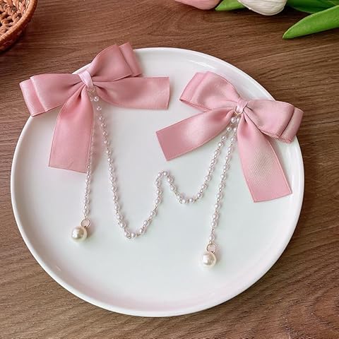 TUCEWP Satin Bow Hair Clips Pearl Tassel Chain Hair Bow Barrettes Pink Bow Claw Clip Hairpins Sweet Bowknot Snap Hair Clip Small Cute Alligator Hair Clips Hair Accessories for Women Girls Toddlers Cover