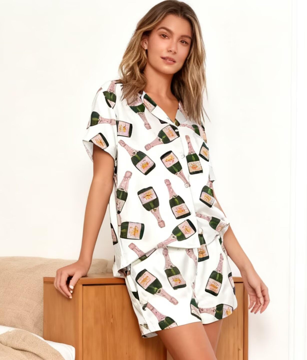 VKEGNIO Womens Pajamas Set Short Sleeve Button-Down 2 Piece PJ Set Lounge Sleepwear Cute Graphic Tees PJ Set - Image 2