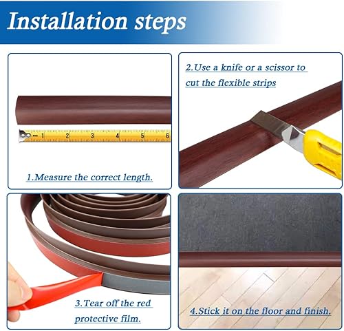 Miniatura 49 de Tira de transición de suelo autoadhesiva para alfombras y pisos, tira de borde de PVC para transición de umbral adecuada para umbral de altura Marrón