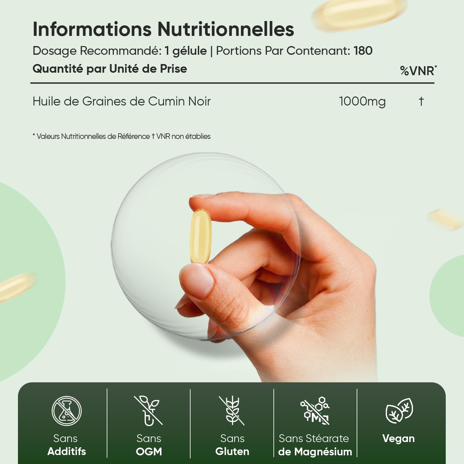 Huile de Nigelle Cumin Noir 1000mg - 180 Gélules Vegan pour 6 Mois, Huile de Graines de Cumin Noir Pressé à Froid, Poudre de Nigella Sativa, Soucre d'Omega 3, 9, Vitamine C, Minéraux, Fabriqué en UE