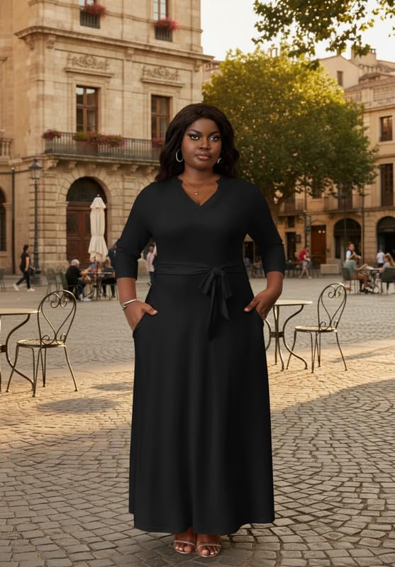 Elegant Church Maxi Dresses for Women Plus Size V-Neck 3/4 Sleeve Casual Fall Dress with Pockets - Image 7