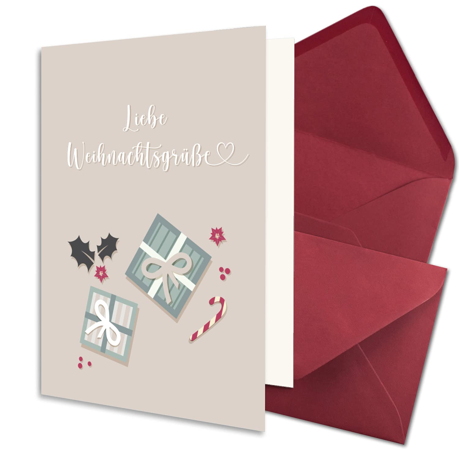 Juego de 75 tarjetas navideñas sostenibles DIN A6 en rosa viejo con muérdago y regalos - tarjetas plegables con sobres DIN C6 rojo oscuro (rojo) con pegamento húmedo