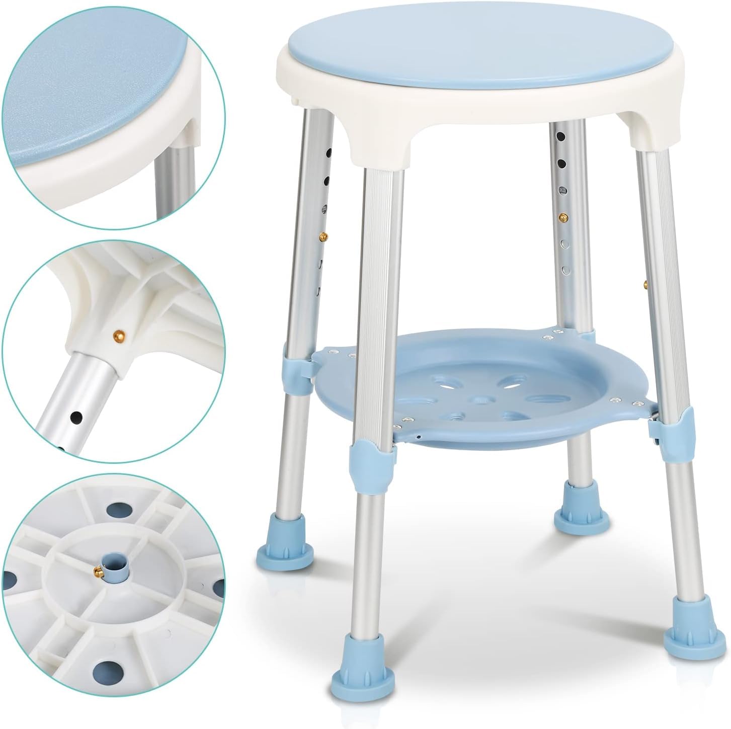 Taboret prysznicowy, krzesło prysznicowe, obracane o 360°, stołek łazienkowy, taboret z miejscem do przechowywania, regulacja wysokości 42-54 cm, obciążenie 136 kg, stabilny taboret łazienkowy