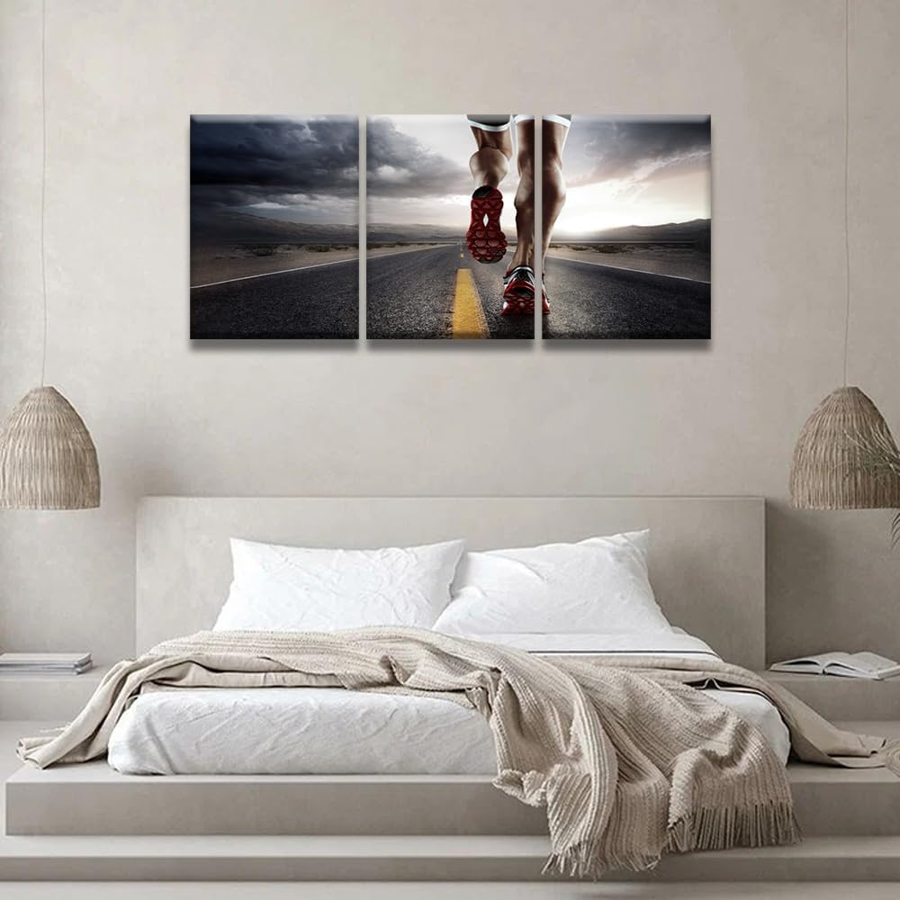 3 Pieces Sports Canvas Wall Art Runner Feet Running on Road Wall Decor Fitness Wall Art for Living Room Bedroom Office Sports Framed Wall Art Waterproof Artwork Gift Ready to Hang 12X16X3 INCH