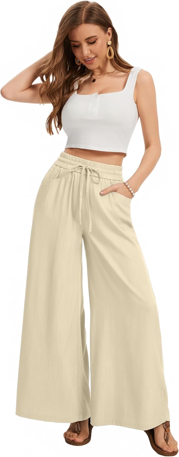 Wide Leg Casual Pants Women Elastic Drawstring Waisted Palazzo Cropped Trousers Baggy Slacks with Pockets - Image 2