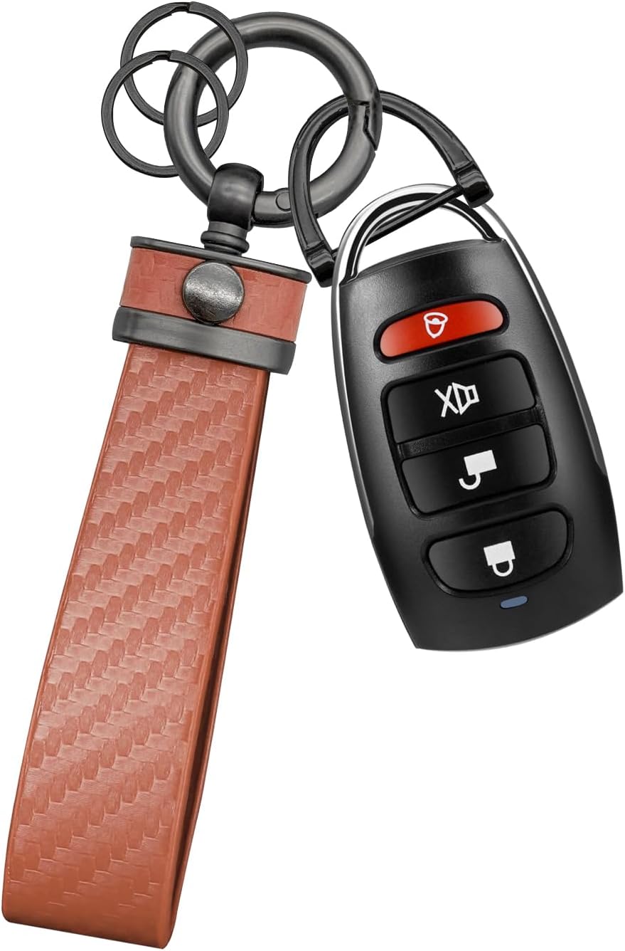 Car Keychain, Carbon Fiber Weaving Leather Key Chain Keyring with 360 Degree Rotatable and Anti-Lost D-Ring, Heavy Duty Metal Car Key Fob Pendant Accessories for Men and Women (Brown)