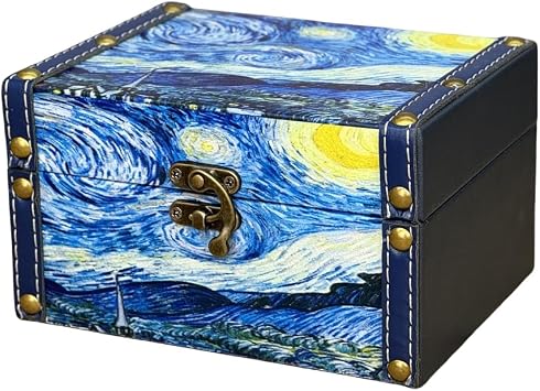 Treasure Box Vintage Wooden + PU Leather Decorative Storage Boxes Trinket Jewelry Box Memento Case Box Keepsake Box With Lids Gifts For Kids Girls Women Home Decor Starry Night