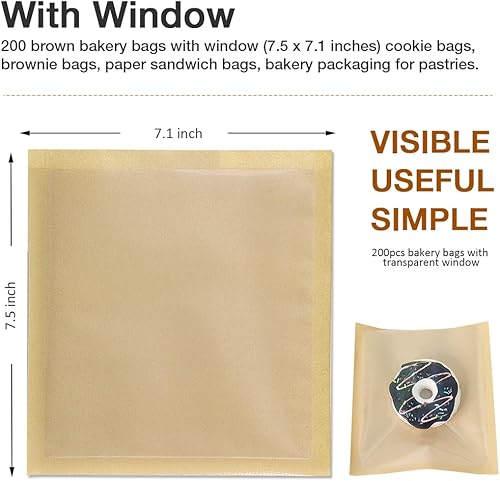 Miniatura 2 de 200 bolsas de panadería con ventana, 7.1 x 7.5 pulgadas, bolsas de papel de dona para llevar, bolsas de pastelería para productos horneados,