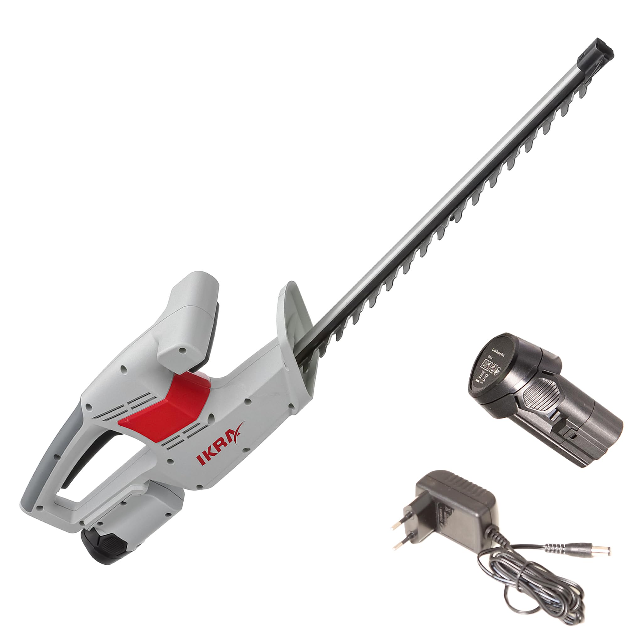 IKRA Cortasetos IAHS 1240, con batería y Cargador, Peso Ligero de 2 kg | Cuchilla con guía de aluminio y protector, longitud 41cm, grosor de corte 14mm, compatible con la gama de baterías IKRA 12V