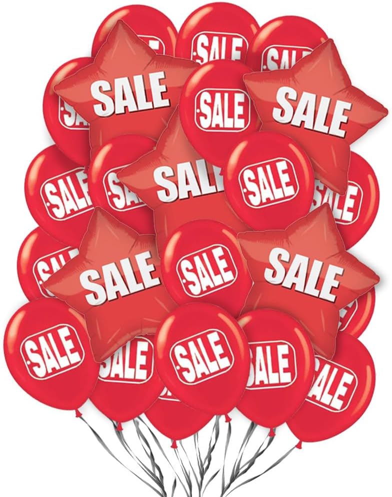 PMU Sale Balloons (5) 18in Red Circle Mylar and (20) 17in Yellow Latex (25) Color Coordinate Ribbons (25/Pkg) Pkg/1