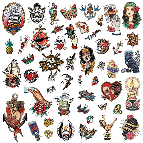 2 Sheets 49 Pcs Classic Temporary Tattoos Old School Stickers Different Sizes Vintage Sticker Flower Arm Rose Mermaid Sailor Tattoos Swallows Tattoos Butterflies Skulls Tattoos Swords Tattoos #TOP14