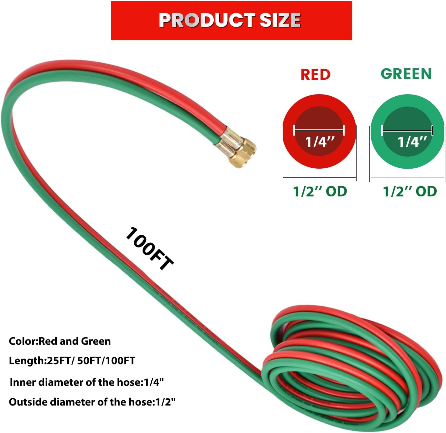 Oxygen Acetylene Hose,100FT 1/4 Twin Welding Torch Hose with 9/16"-18 B fittings,Oxy Acetylene Cutting Torch Hoses,300PSI,Fits Regulators (Red + Green)