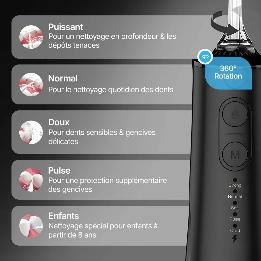 Oryzom Hydropulseur Sans Fil Pour Un Soin Dentaire,Hydropulseur Dentaire,Jet Dentaire,Buccal Optimal 5 Modes,4 Embouts Réservoir De 300 Ml Étanchéité Ipx7 Jet Dentaire Pour Gencives