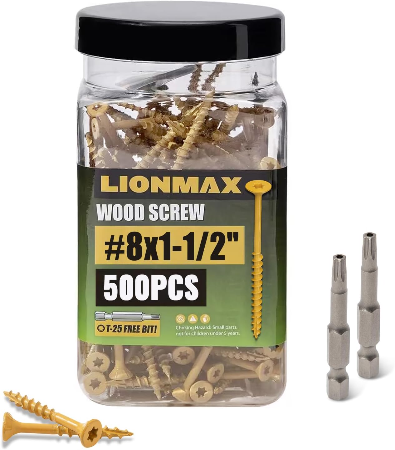 LIONMAX Wood Screws 1-1/2 Inch, Deck Screws #8 x 1-1/2", 500 PCS, Rust Resistant, Epoxy Coated, Exterior Wood Screw, Outdoor Decking Screws, Torx/Star Drive Head, T25 Star Bit Included, Tan