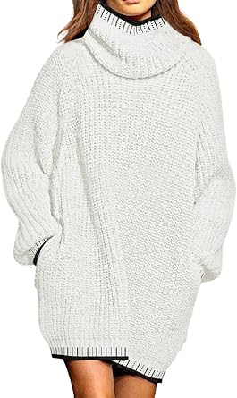 Pink Queen Womens Oversized Turtleneck Sweater Dress 2025 Casual Loose Long Sleeve Fall Winter Knit Mini Dress with Pockets