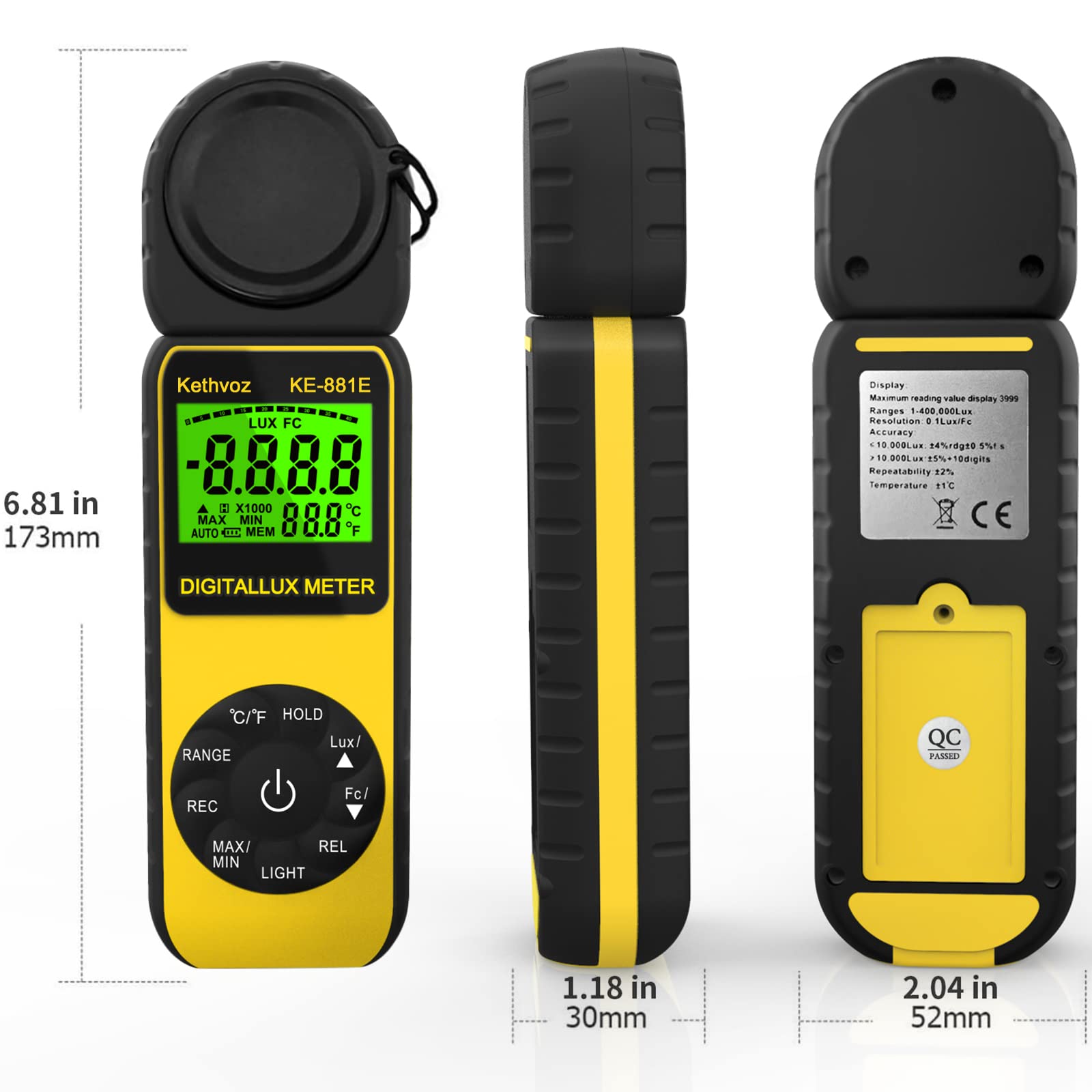 Kethvoz KE-881E - Medidor de luz LED para fotografía (300.000 lux, fotómetro con cabezal giratorio de 270º para fotografía y plantas)