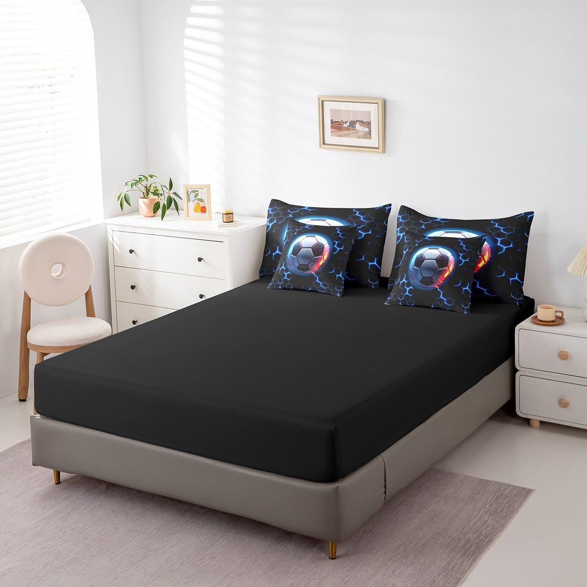 Feelyou Soccer Comforter Set Twin Size 7 Pieces Comforters Football Bedding Set Sport Themed Blue Black Geometric Bed Set Bed in a Bag with Comforter, Sheets, Pillowcases & Cushion Covers