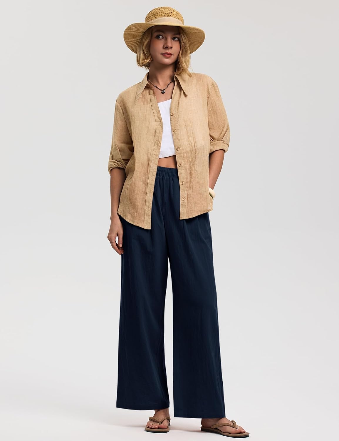 LOMON Cotton Linen Pants Women Wide Leg Palazzo Pull-On Pant Summer Travel image 3