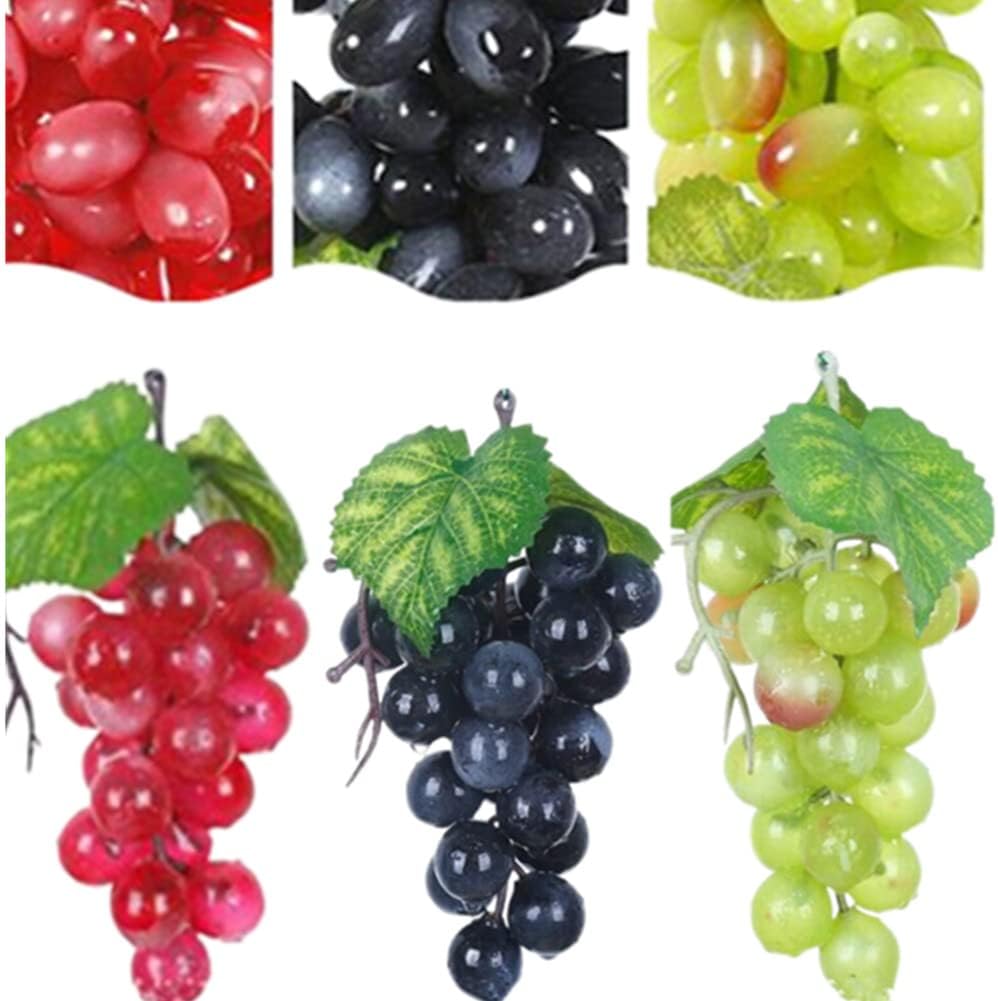 Honkenda 3 Bunches Artificial Grapes String for Decoration, Simulation Fake Grapes Clusters with Leaves, False Fruit Grapes Bulk for Wedding Party Home Kitchen Photography Props (Black, Red, Green)