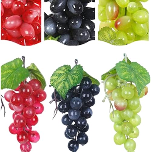 Honkenda 3 racimos de uvas artificiales para decoración, racimos de uvas falsas de simulación con hojas, uvas de frutas falsas a granel para bodas,