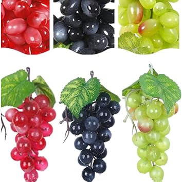 Honkenda 3 Bunches Artificial Grapes String for Decoration, Simulation Fake Grapes Clusters with Leaves, False Fruit Grapes Bulk for Wedding Party Home Kitchen Photography Props Black, Red, Green
