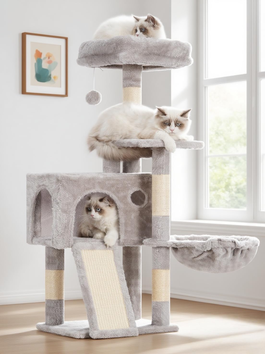 Cat Tree, 41.3″ Cat Tower for Indoor Kittens with Scratching Board and Posts, Multi-Level Cozy Cat Condo with 2 Perches, Hammock, Balls, Light Gray GCT005SW