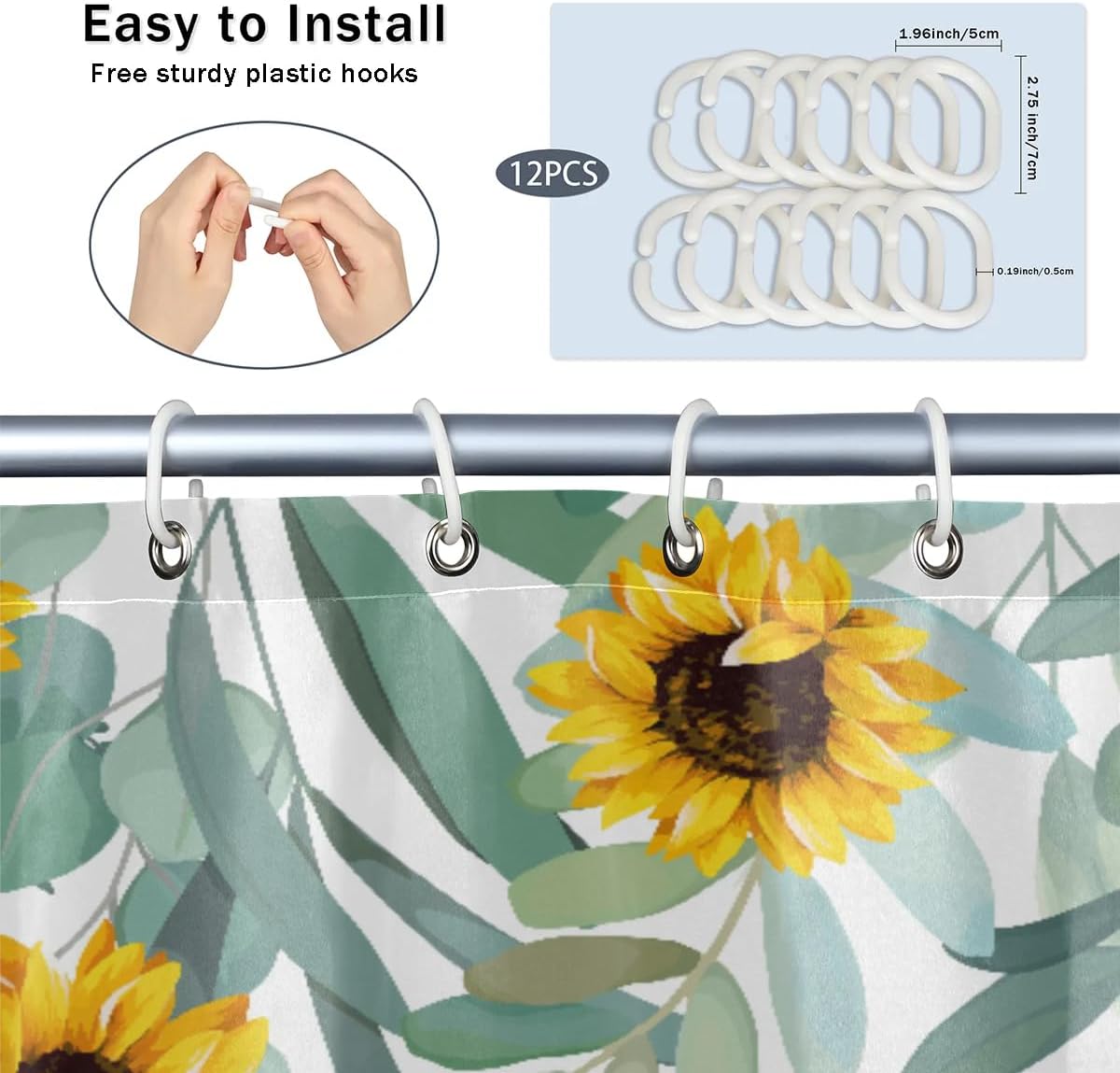 Honeybaby Sunflower Eucalyptus Leaves Shower Curtain Waterproof Bathroom Shower Curtain with 12 Hooks 48x72 inch